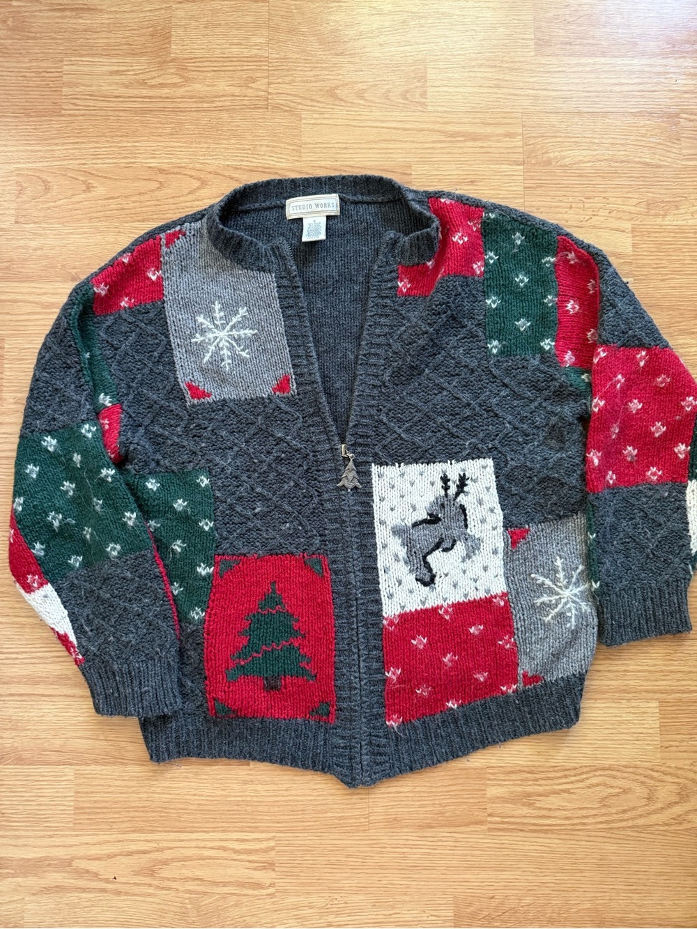 Vintage Studio Works Christmas Patchwork Cardigan Sweater Zip Front Wool Blend S